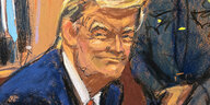 Gerichtszeichnung von einem lächelnden Donald Trump vor Gericht